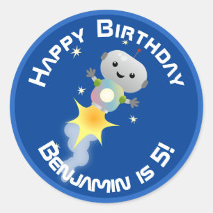 Cute robot flying in space cartoon illustration classic round sticker