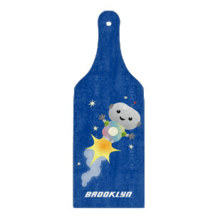 Cute robot flying in space cartoon illustration cutting board