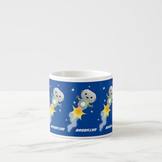 Cute robot flying in space cartoon illustration espresso cup (Front)