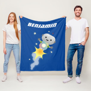 Cute robot flying in space cartoon illustration fleece blanket