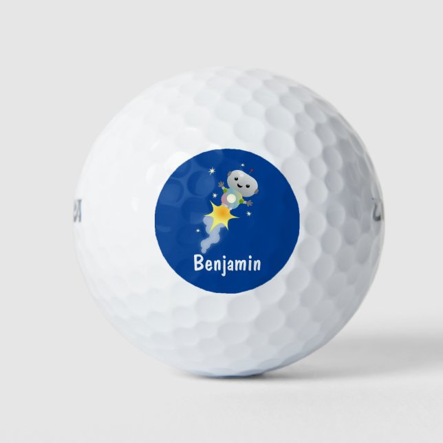 Cute robot flying in space cartoon illustration golf balls (Front)