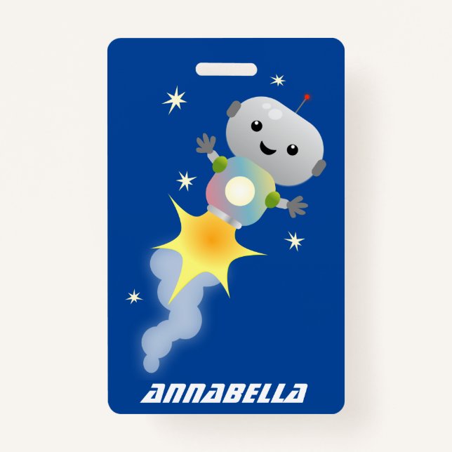 Cute robot flying in space cartoon illustration ID badge (Front)