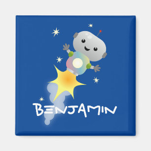 Cute robot flying in space cartoon illustration magnet