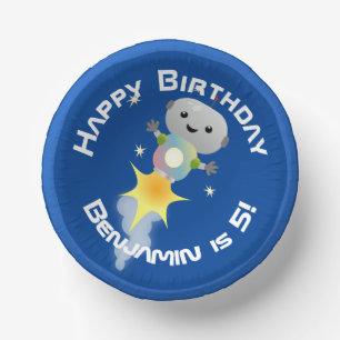 Cute robot flying in space cartoon illustration paper plate