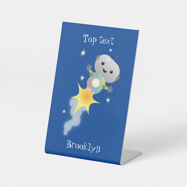 Cute robot flying in space cartoon illustration pedestal sign (Front)