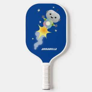 Cute robot flying in space cartoon illustration pickleball paddle