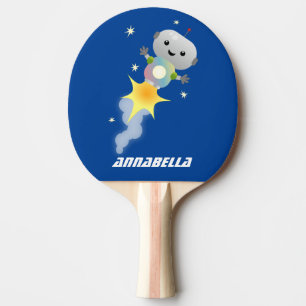Cute robot flying in space cartoon illustration ping pong paddle