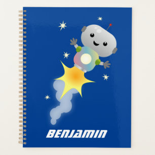 Cute robot flying in space cartoon illustration planner