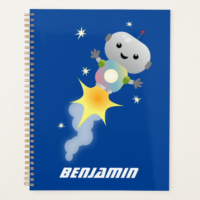 Cute robot flying in space cartoon illustration planner (Front)