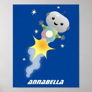 Cute robot flying in space cartoon illustration poster