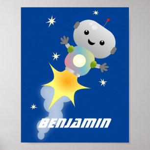 Cute robot flying in space cartoon illustration poster