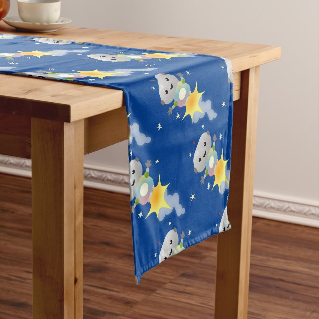Cute robot flying in space cartoon illustration  short table runner (In Situ)