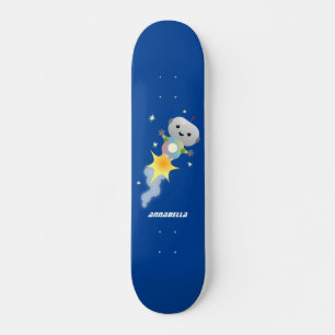 Cute robot flying in space cartoon illustration skateboard