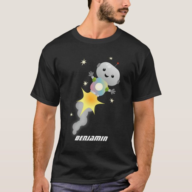 Cute robot flying in space cartoon illustration T-Shirt (Front)