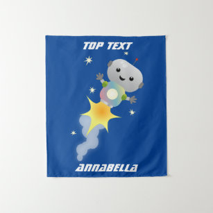 Cute robot flying in space cartoon illustration  tapestry