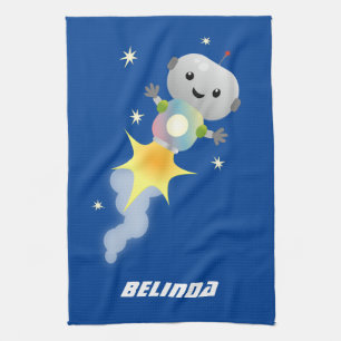 Cute robot flying in space cartoon illustration tea towel