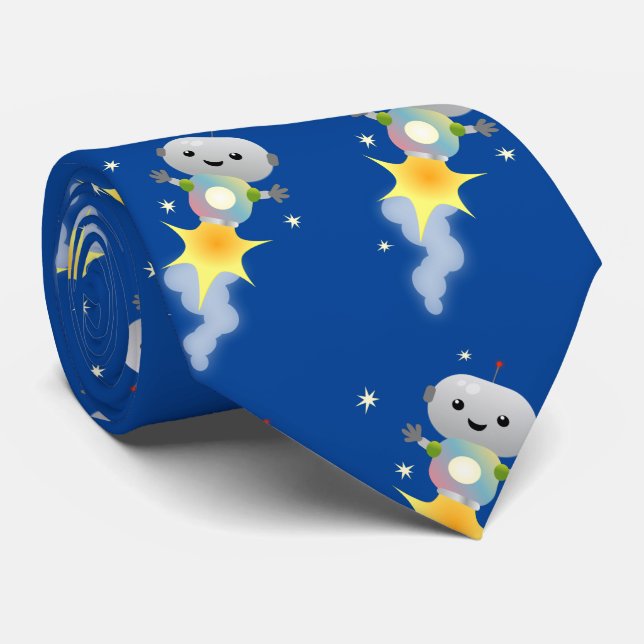 Cute robot flying in space cartoon illustration tie (Rolled)