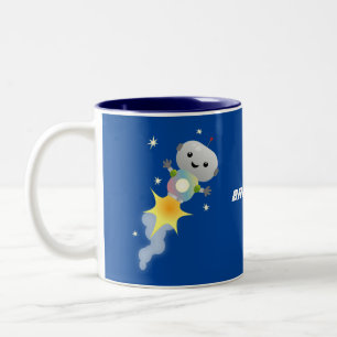 Cute robot flying in space cartoon illustration Two-Tone coffee mug