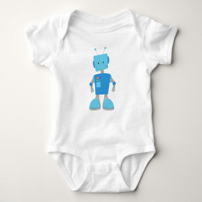 Cute Robot, Funny Robot, Silly Robot, Blue Robot Baby Bodysuit (Front)