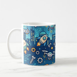 Cute Robot Future City Mug - Tech Pattern