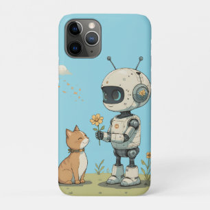 Cute Robot Gives Flower to Cat Wholesome Kids Art iPhone 11 Pro Case