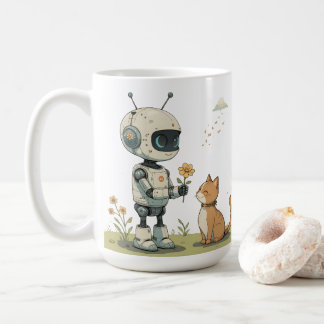 Cute Robot Gives Flower to Cat Wholesome Kids Art Coffee Mug