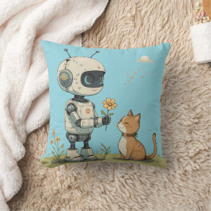 Cute Robot Gives Flower to Cat Wholesome Kids Art Cushion