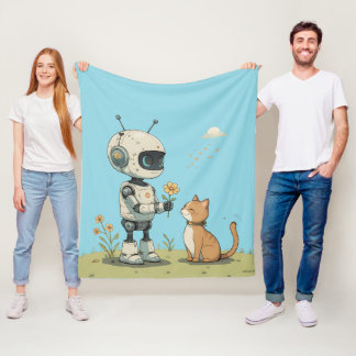 Cute Robot Gives Flower to Cat Wholesome Kids Art Fleece Blanket