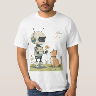 Cute Robot Gives Flower to Cat Wholesome Kids Art T-Shirt