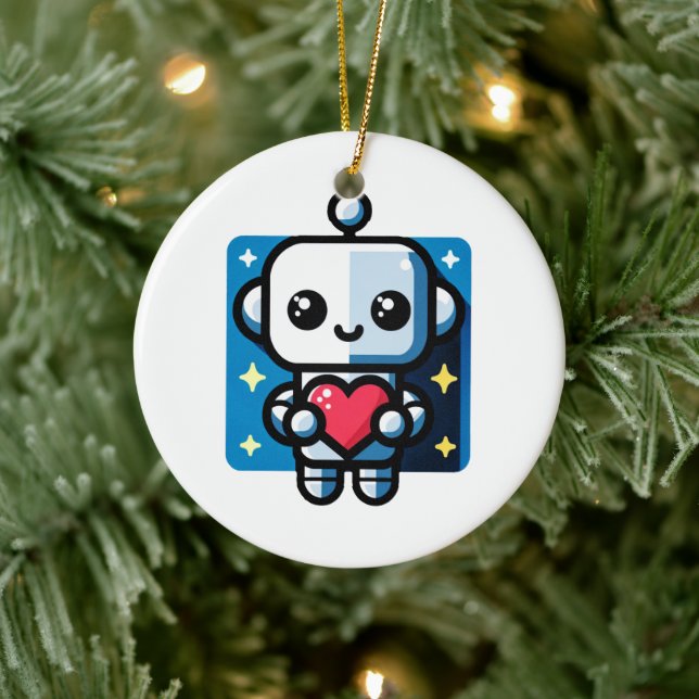 Cute Robot Holding Heart - Adorable Love & Tech Ceramic Ornament (Tree)