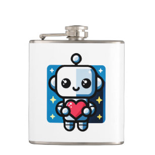 Cute Robot Holding Heart - Adorable Love & Tech Hip Flask