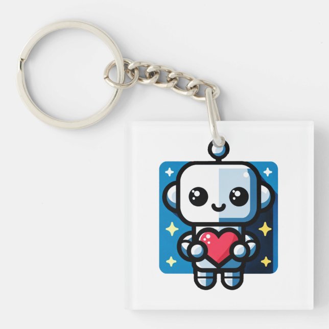 Cute Robot Holding Heart - Adorable Love & Tech Key Ring (Front)