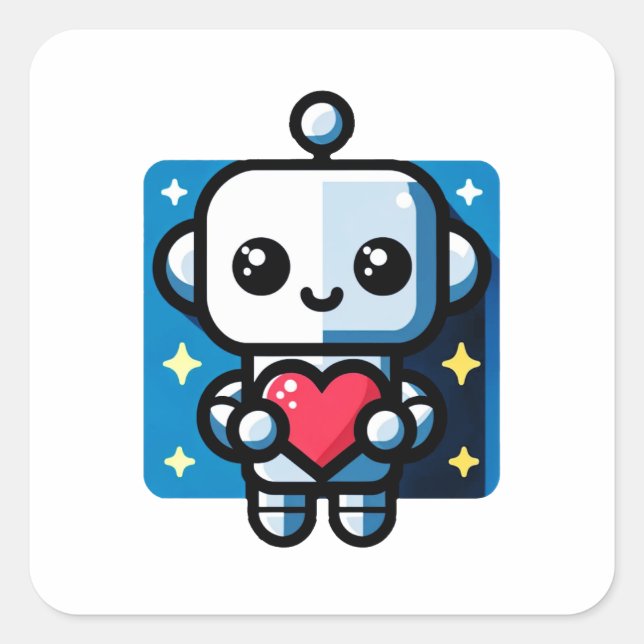 Cute Robot Holding Heart - Adorable Love & Tech Square Sticker (Front)
