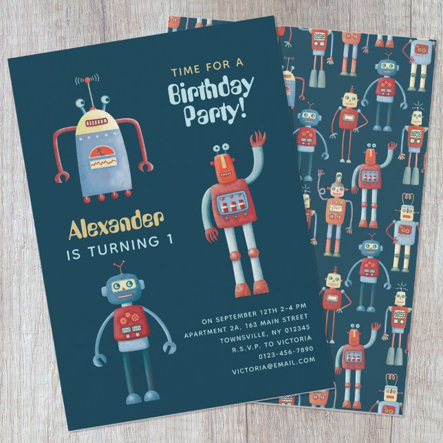 Cute Robot Kids 1st Birthday Party Invitation (Creator Uploaded)