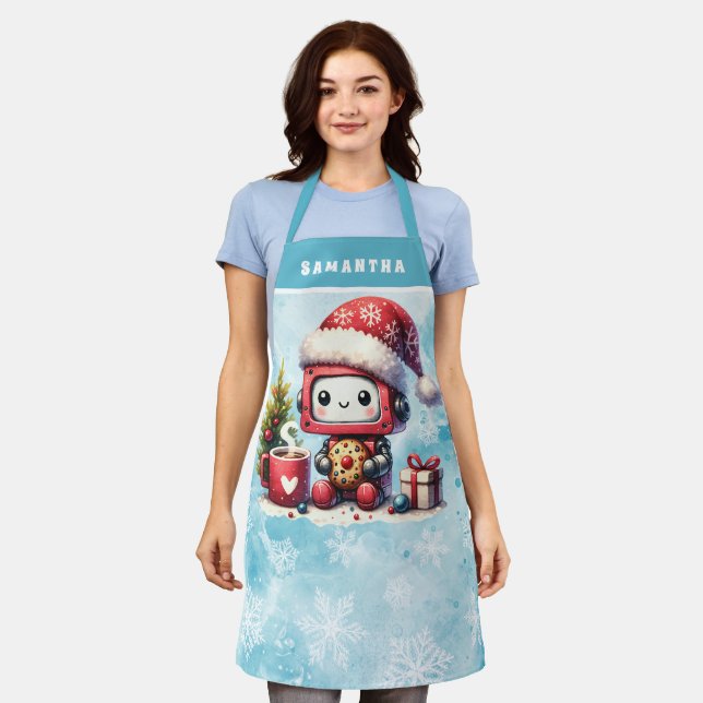 Cute Robot Monogrammed Blue Christmas Apron (Worn)