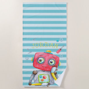 Cute Robot Personalised Beach Towel