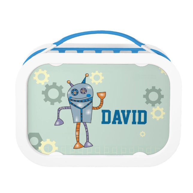 Cute Robot Personalised Name Boys Lunch Box (Front)