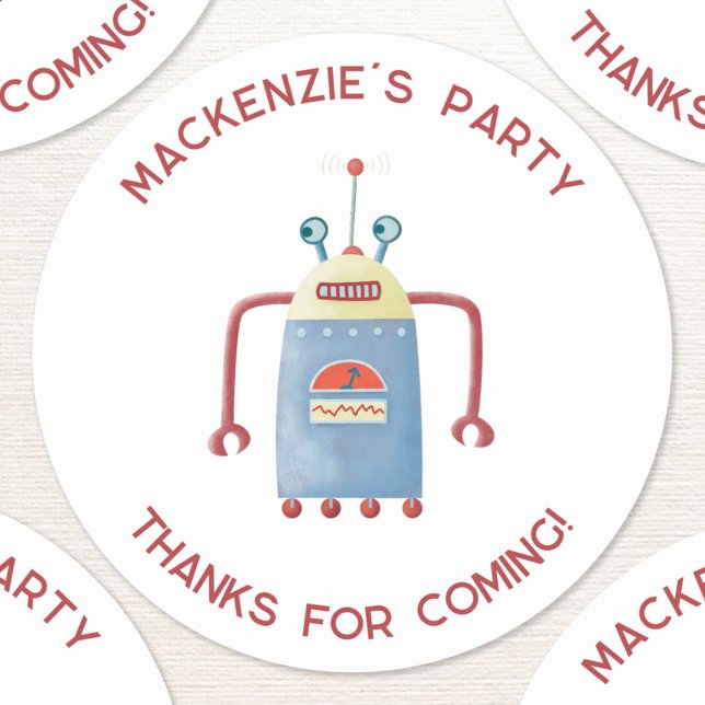 Cute Robot Personalised Thank You Classic Round St Classic Round Sticker (Robot custom text personalized kids birthday party thank you sticker)