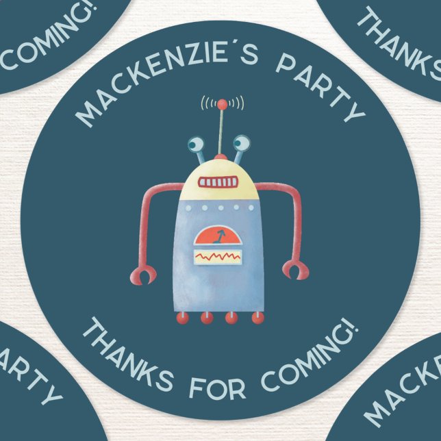 Cute Robot Personalised Thank You Classic Round Sticker (Robot kids birthday party personalized custom name and text thank you sticker)