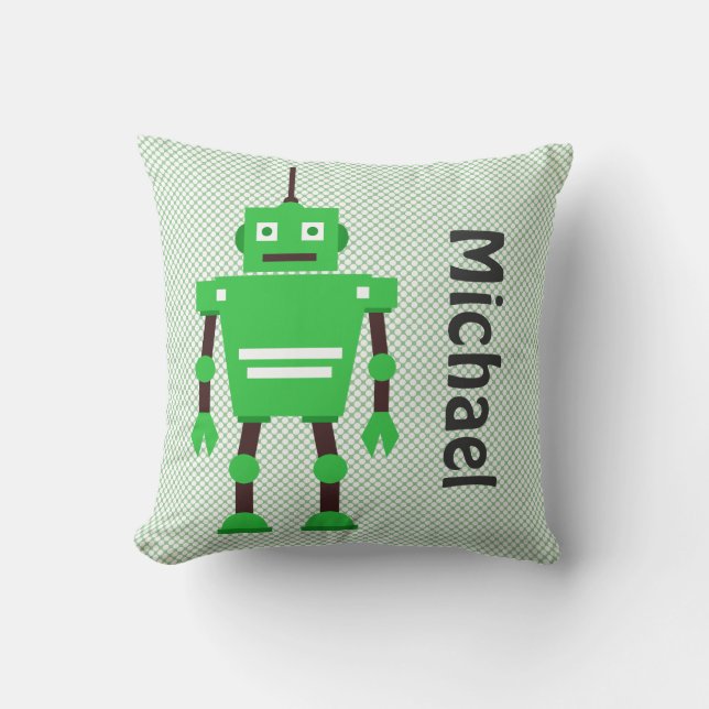 Cute Robot Pillow, Green, White, Black Cushion (Front)