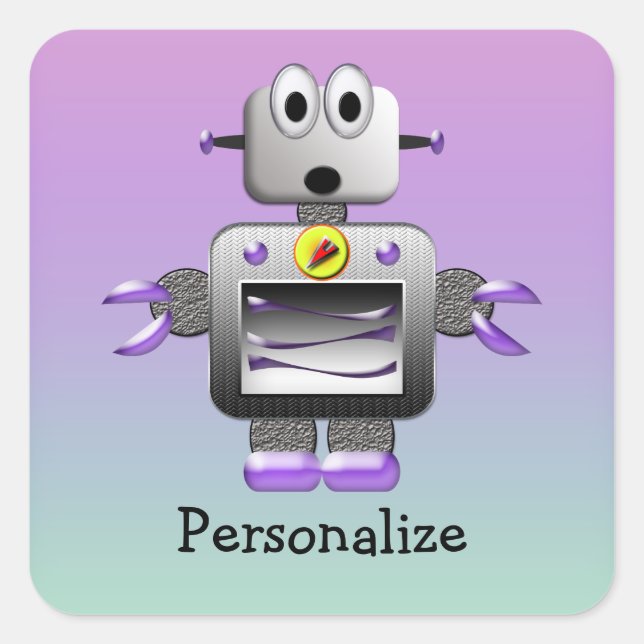 Cute Robot Purple & Blue Personalised Stickers (Front)