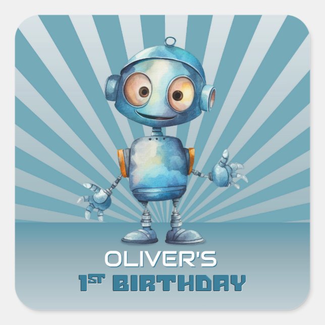 Cute Robot Theme 1st Birthday Invitation  Square Sticker (Front)