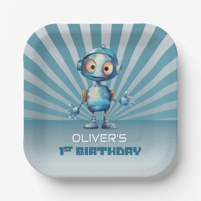Cute Robot Theme 1st Birthday Party Paper Plate (Front)