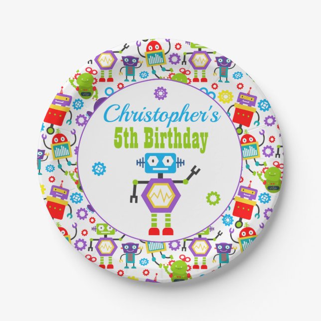 Cute Robot Theme Birthday Party Paper Plate (Front)