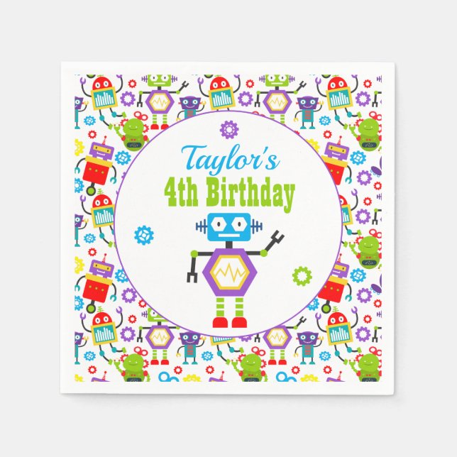 Cute Robot Themed Birthday Party Napkin (Front)