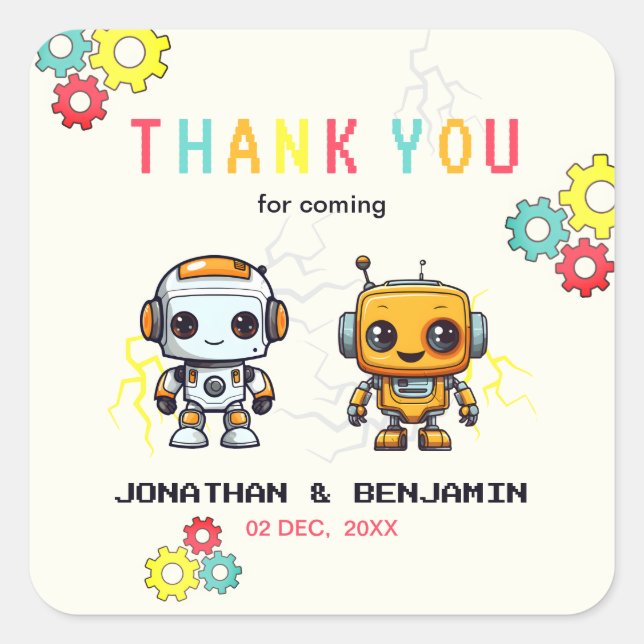 Cute Robot Together Joint Birthday Thank You Square Sticker (Front)