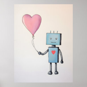 Cute Robot with Heart Balloon Poster