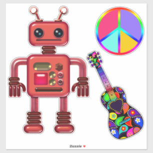Cute Robot with Peace Sign and Guitar Fun