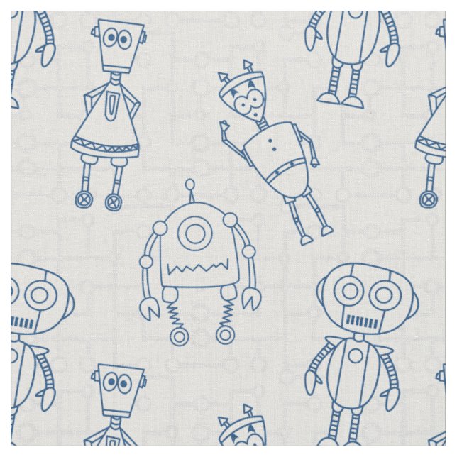 Cute robots (blue and white) fabric (Close Up)