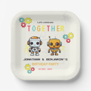 Cute Robots Boys Together Joint Birthday  Paper Plate